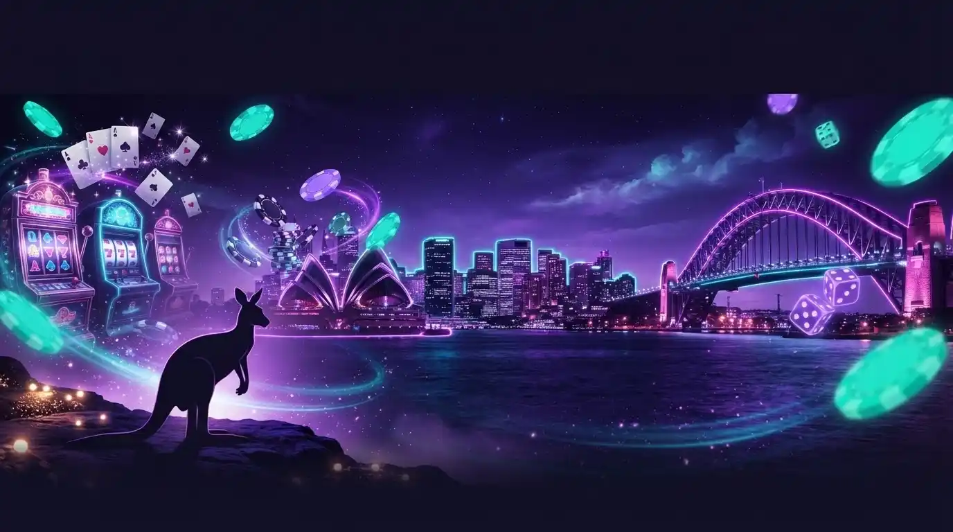 VegasNow Sydney skyline with neon casino details